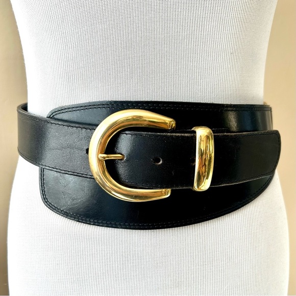 Vintage Accessories - Vintage Patricia Green Details Wide Black Leather Belt Chunky Gold Tone Buckle M